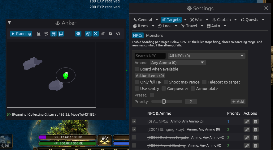 Anker's in-game overlay: the Targets tab of the Settings window, with per-target NPC and ammo rules, boarding toggles and an action-item priority list.