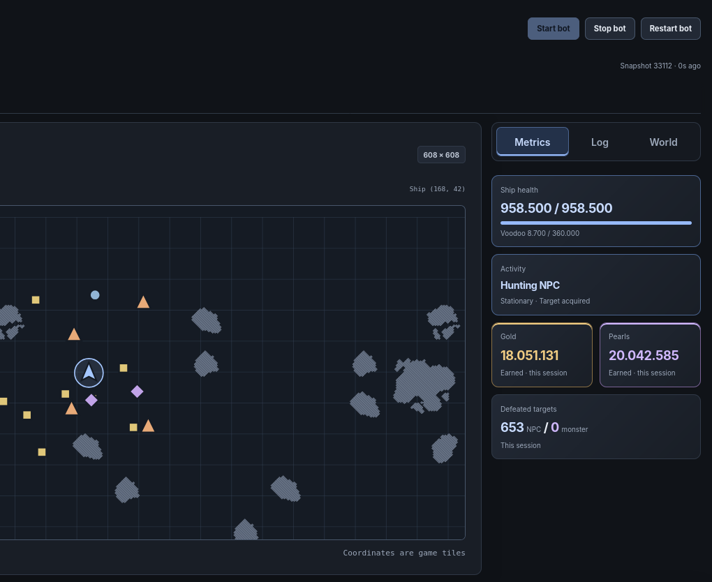 Fleet's live sea map: a ship followed across a tile grid with NPC, monster, box and blocked-tile markers, beside session gold, pearls and defeated-target metrics.