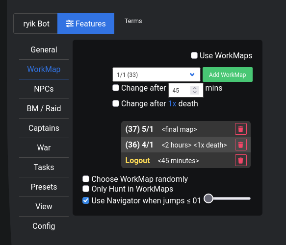 ryik Bot's WorkMap panel: a tabbed options window with WorkMap, NPCs, Captains, War and Config sections, showing per-map entry limits, expiry and random-selection toggles.
